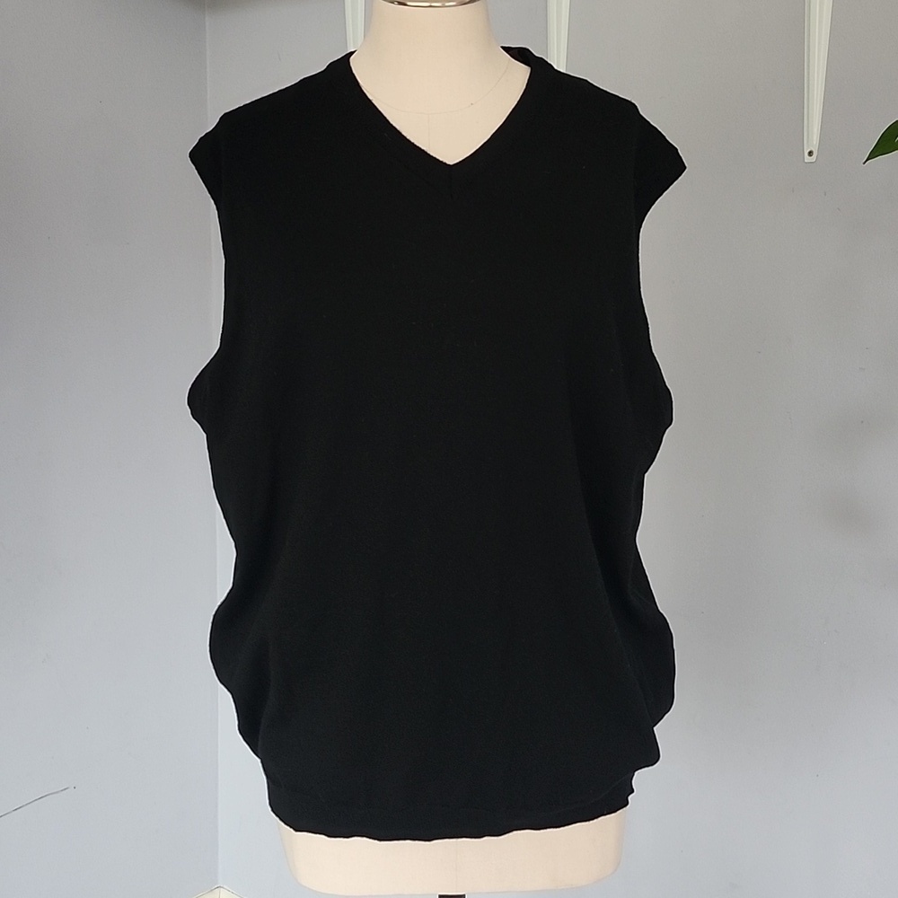 Mens Sleeveless Knitwear 100% Merino Wool Black V Neck Sweater XL - Picture 2 of 7